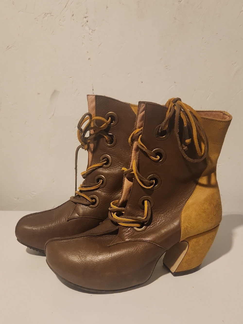 John Fluevog Brown and Mustard Two-Tone Lace-Up Heel Boots